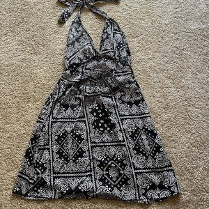 Black and white patterned halter dress